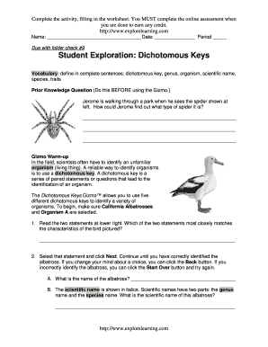 Dichotomous Key Gizmo Worksheet Answers  Form