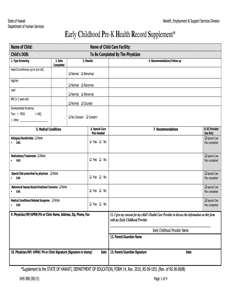 5 Early Childhood Pre K Health Record Supplement  Form