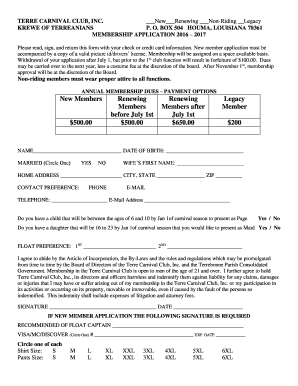 Membership Application Krewe of Terreanians Terreanians  Form