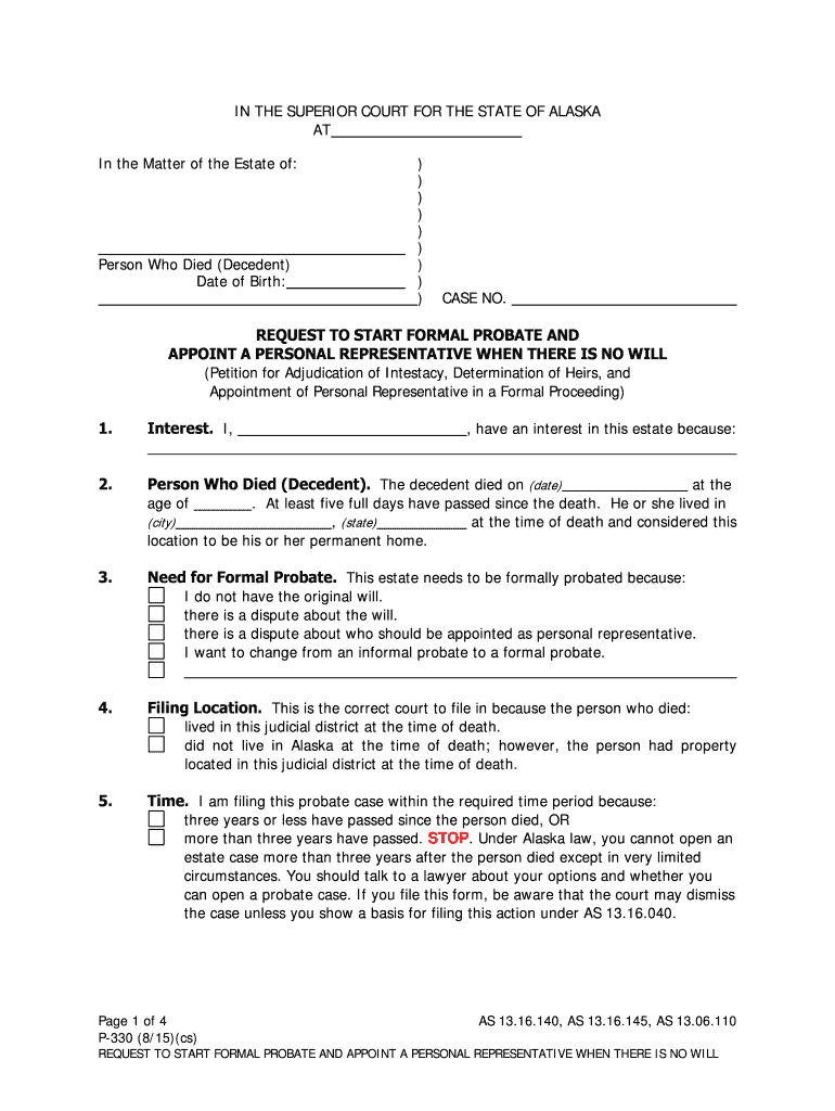 P 330 Request to Start Formal Probate and Appoint a Personal