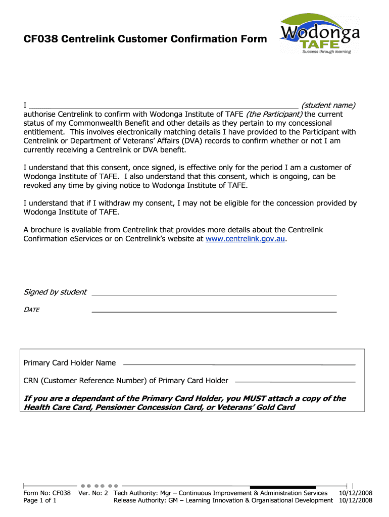 CF038 Centrelink Customer Confirmation Form BNISTCb