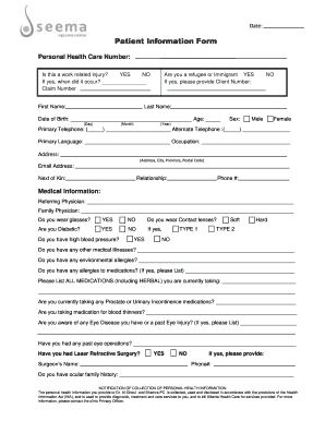 Patient Information Form Seema Eye Care