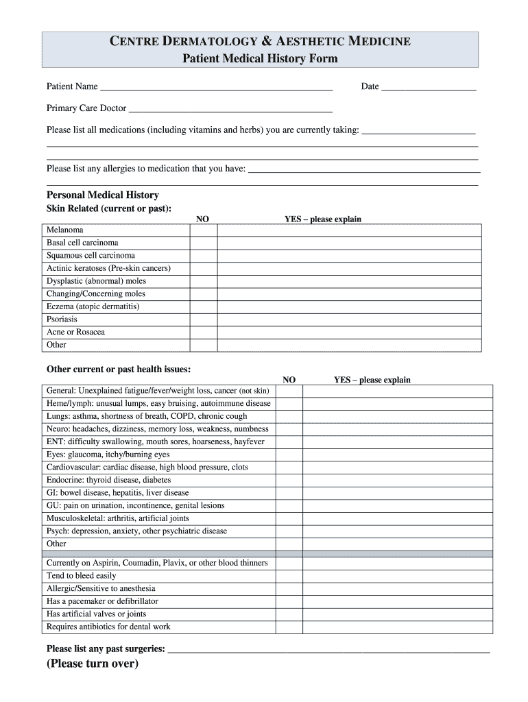 Health History Form Centre Dermatology & Aesthetic Medicine