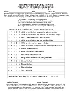 RIVERMEAD HEAD INJURY SERVICE FOLLOW UP QUESTIONNAIRE RHFUQ  Form