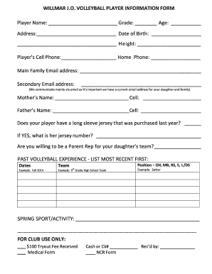 WILLMAR JO VOLLEYBALL PLAYER INFORMATION FORM Willmarvolleyball