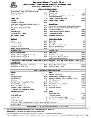 Tuck Shop Price List Template  Form