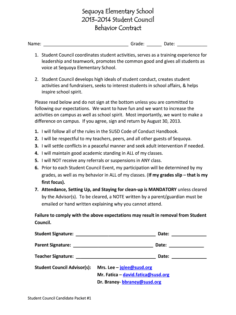 Get and Sign Sequoya Elementary School 20132014 Student Council Behavior Contract Name Grade Date 1 2014-2022 Form