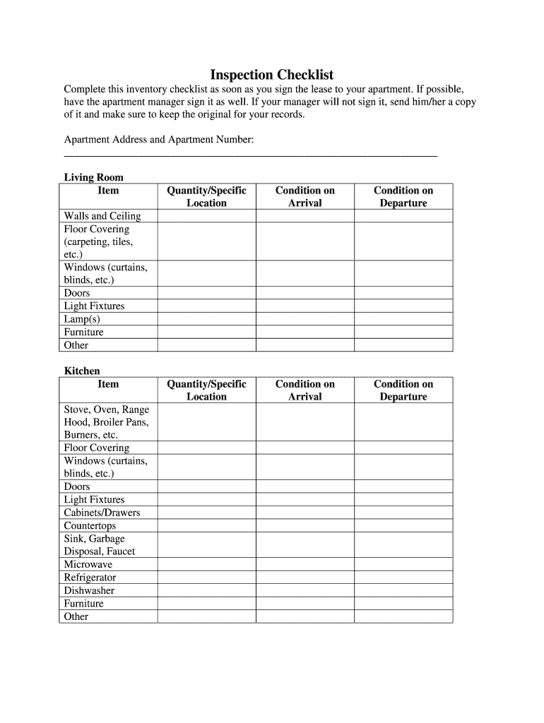 Inspection Checklist Complete This Inventory Checklist as Soon as You Sign the Lease to Your Apartment  Form