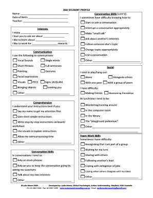 ASD Student Profile Autism Understanding  Form