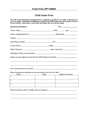 Child Intake Form Therapy by Kristy Kirby