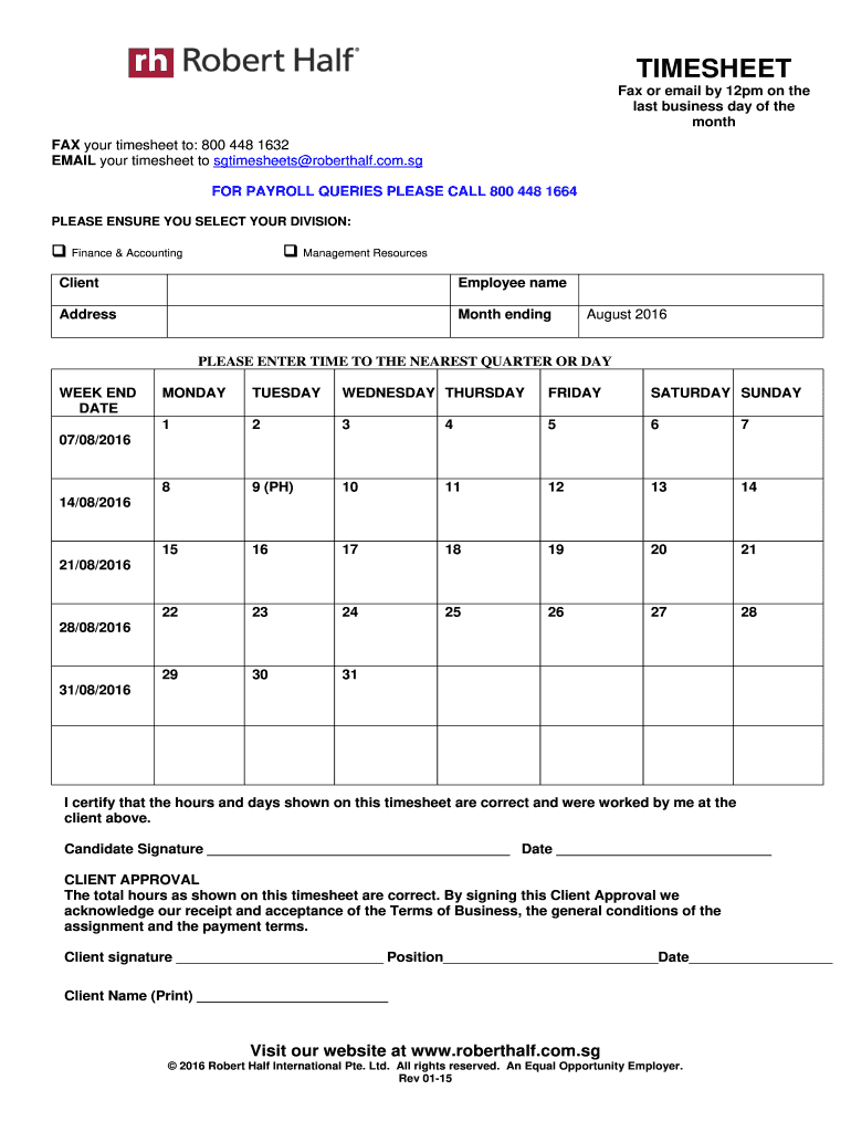 Robert Half Timesheet  Form