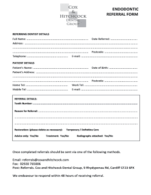 ENDODONTIC REFERRAL FORM Coxandhitchcockcom