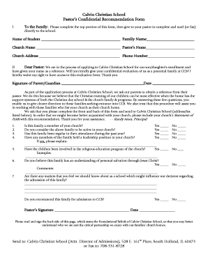 Pastor Recommendation Form Calvin Christian School Calvinschool