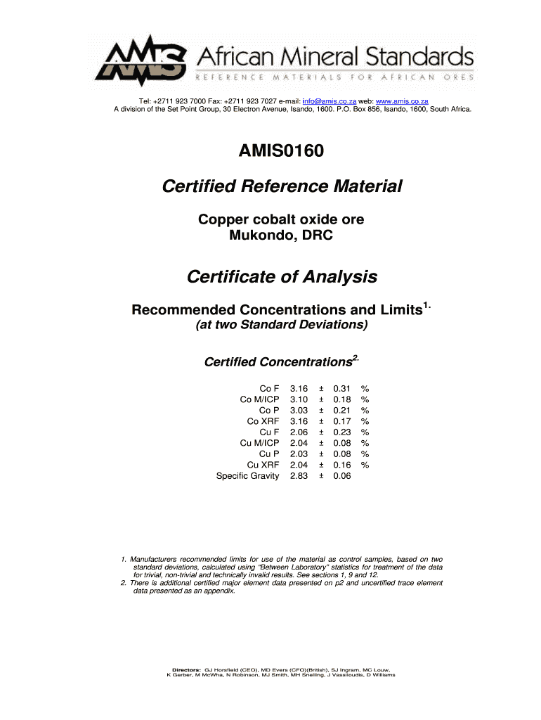 Get and Sign AMIS0160 Certified Reference Material Copper Cobalt Oxide Ore Mukondo, DRC Certificate of Analysis Recommended Concentrations an  Form