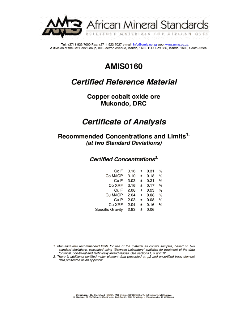 AMIS0160 Certified Reference Material Copper Cobalt Oxide Ore Mukondo, DRC Certificate of Analysis Recommended Concentrations an  Form