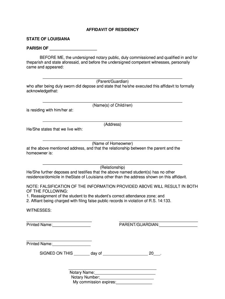 Affidavit of Residency State of Louisiana  Form