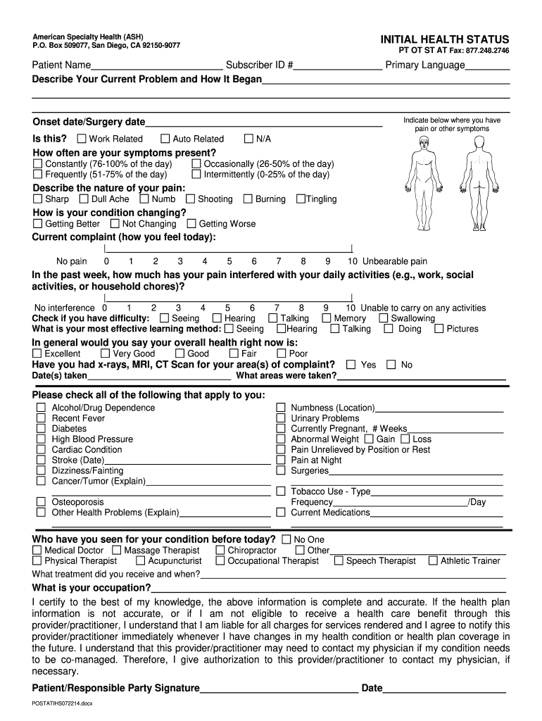  Ash Initial Health Status Form Chiropractic 2014-2024