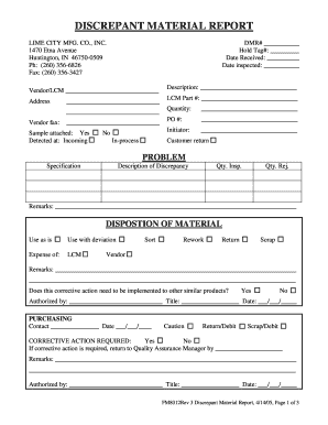 Discrepant Material Report Template  Form