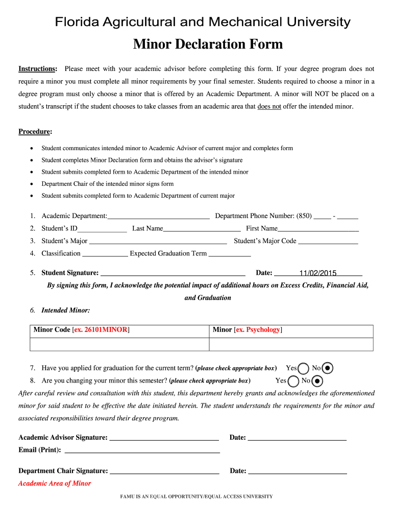 Famu Minor Declaration Form