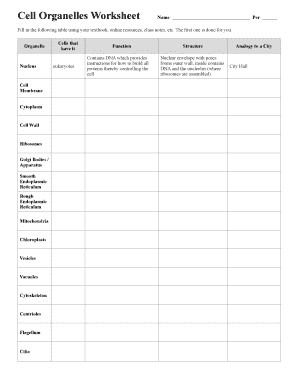 Cell Organelles Worksheet  Form