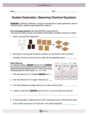 Gizmos Student Exploration Chemical Equations Answer Key  Form