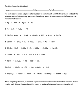 Oxidation Reduction Worksheet  Form