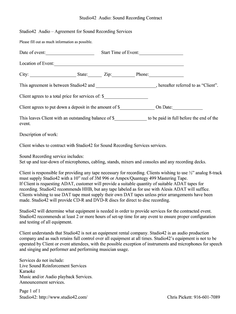 Studio42 Audio Sound Recording Contract Page 1 of 1 Studio42  Form