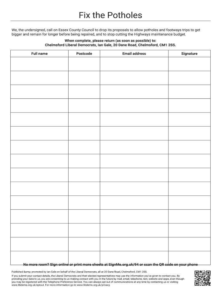 Fix the Potholes Petition Signature Sheet to Print and Post Back to Us Chelmsford Libdems Org  Form