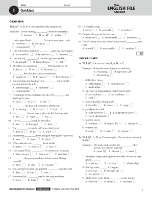 NAME 1 New CLASS Advanced ENGLISH FILE Quicktest GRAMMAR Tick A, B, or C to Complete the Sentences Docs Iamtutor  Form