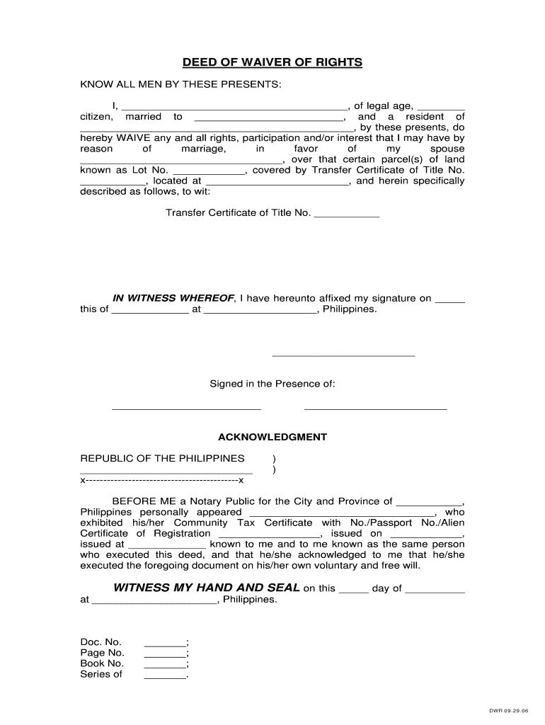 Deed of Waiver of Rights Providence Pavia, Iloilo  Form