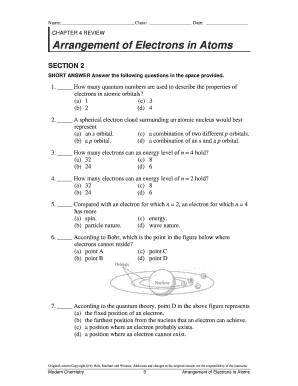 Chapter 4 Test Arrangement of Electrons in Atoms Answer Key  Form