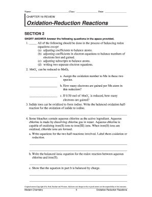 Chapter 19 Review Oxidation Reduction Reactions Section 1 Answers  Form