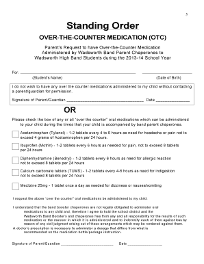 Standing Orders for over the Counter Medications  Form