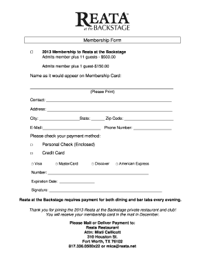 Restaurant Membership Card Application Form