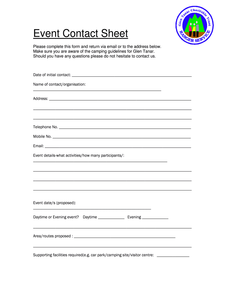 Event Contact Sheet Glentanarcharitabletrustorg  Form