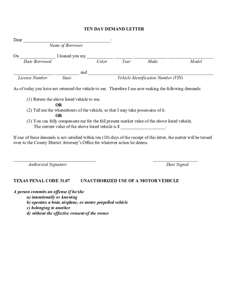 10 Day Demand Letter Sample  Form