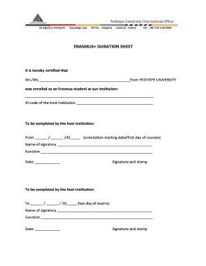 ERASMUS DURATION SHEET Yeditepe University International International Yeditepe Edu  Form