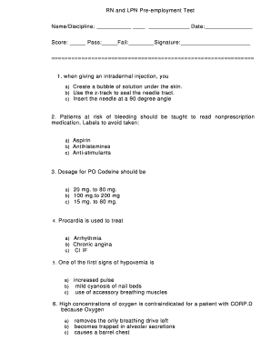 Pre Employment Nursing Exam Sample  Form