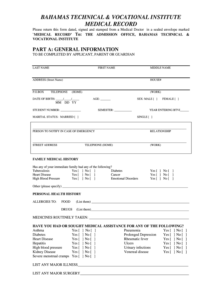 Bahamas Technical Amp Bvocationalb Institute Medical Record BTVI Btvi Edu  Form