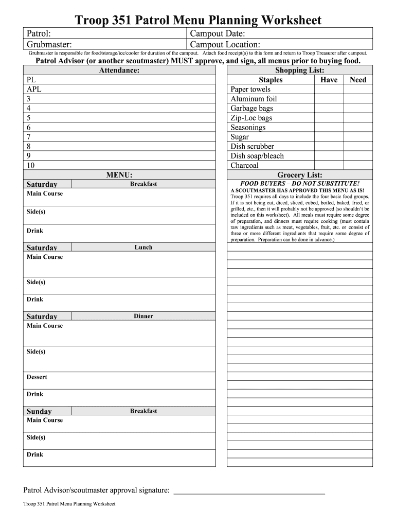 Bsa Meal Planning Sheet  Form