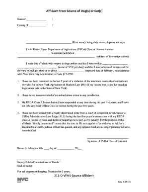 Affidavit from Source of Dogs or Cats 213 D VPHS Source Affidavit  Form