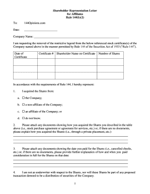 Shareholder Representation Letter  Form