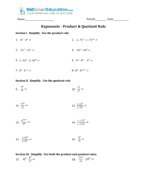 Exponents Product and Quotient Rule Worksheet Answers  Form