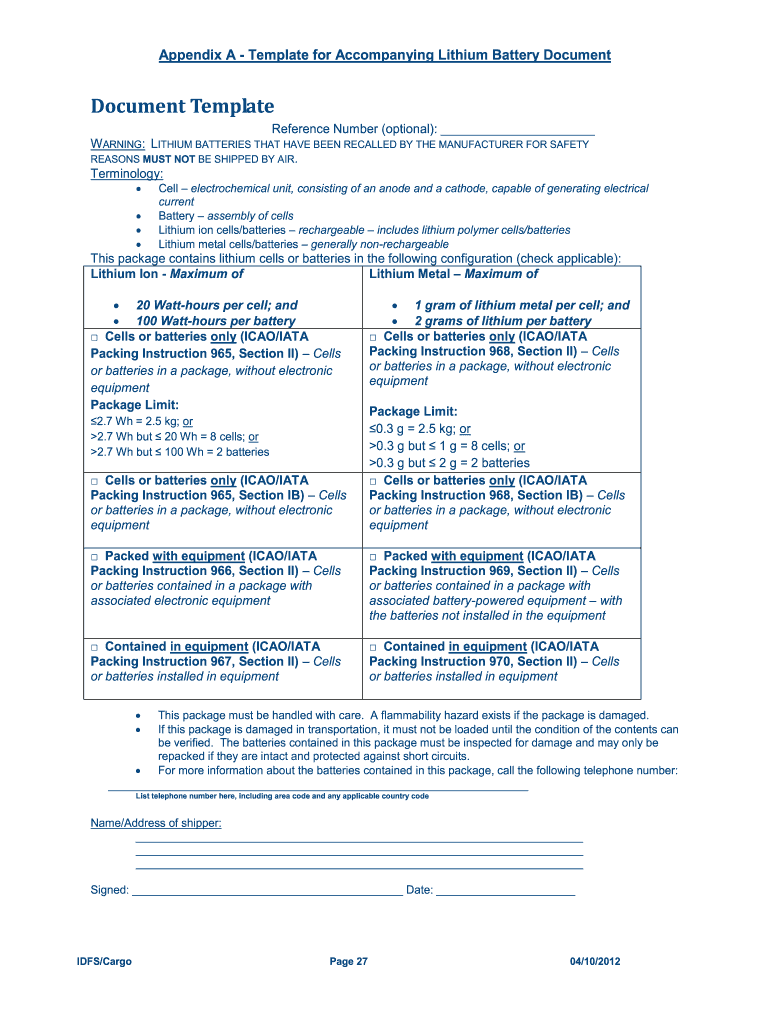  Appendix a Template for Accompanying Lithium Battery Document 2012-2024