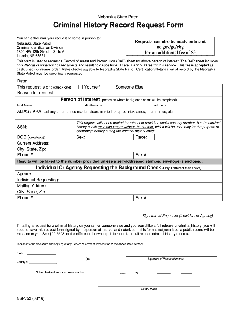  Criminal History BRecordb Request BFormb  Nebraska State Patrol  Statepatrol Nebraska 2016