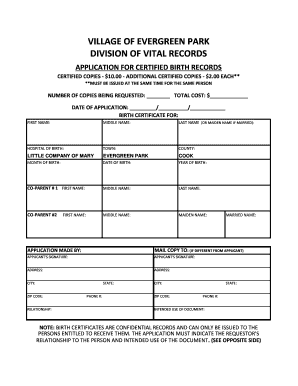 Evergreen Park Birth Certificate  Form