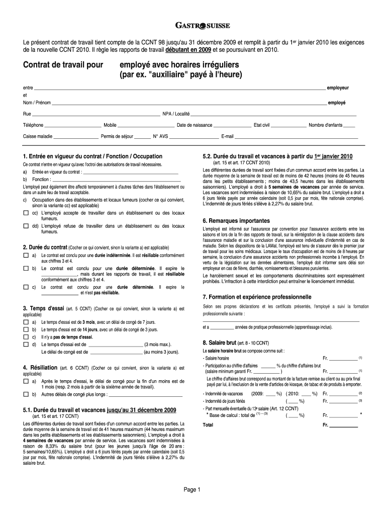 Contrat De Travail Gastrosuisse PDF  Form
