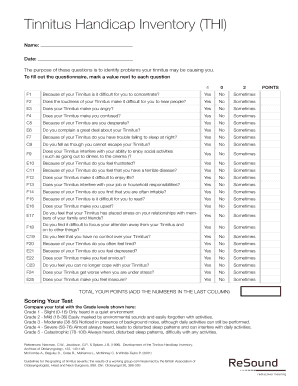 Tinnitus Handicap Inventory THI Hearing Services Merrill  Form