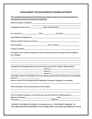 Claim Form San Francisco Housing Authority