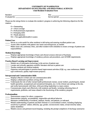 Chief Resident Evaluation Form Psychiatry Residency University Psychres Washington